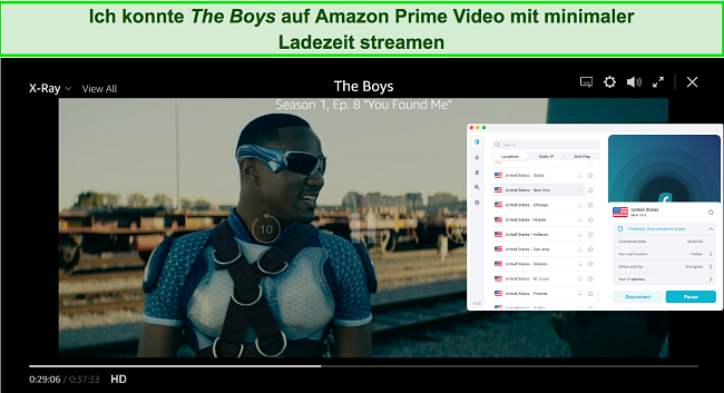 Screenshot von The Boys, die auf Amazon Prime spielen, wobei Surfshark mit einem US-Server verbunden ist