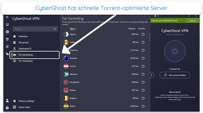 Screenshot des Torrent-optimierten Servers von CyberGhost