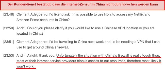 Screenshot der Antwort des Kundensupports zur Ineffizienz von Hola VPN in China