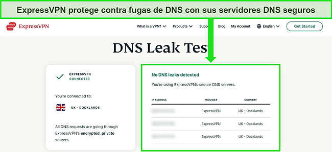 Captura de pantalla de la prueba de fugas de DNS de ExpressVPN en su sitio web, que muestra una conexión a un servidor de ExpressVPN en el Reino Unido y cero fugas de DNS.