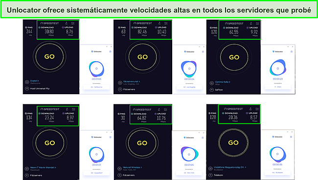 Captura de pantalla de las pruebas de velocidad durante el uso de Unlocator VPN.