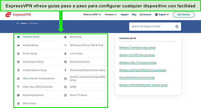 Captura de pantalla del Centro de soporte de ExpressVPN en su sitio web, que muestra guías de configuración para todos los dispositivos compatibles.