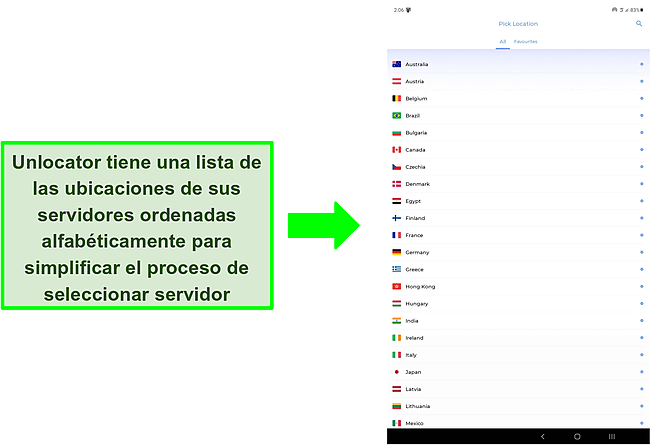 Captura de pantalla de las ubicaciones de los servidores disponibles en Unlocator VPN.