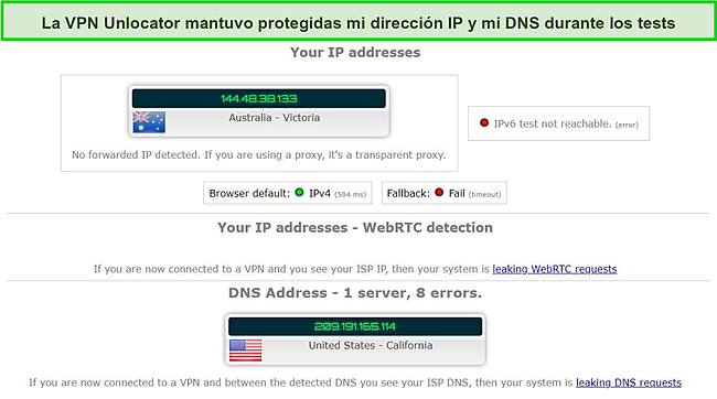 Captura de pantalla de los resultados de la prueba de fugas durante el uso de Unlocator VPN.