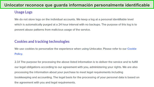 Captura de pantalla de la política de privacidad de Unlocator VPN, que muestra que registra temporalmente datos como su dirección IP real.