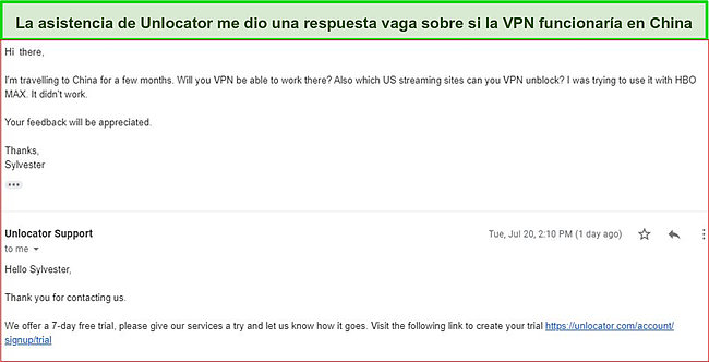 Captura de pantalla de mi conversación por correo electrónico con el representante de soporte de Unlocator VPN.