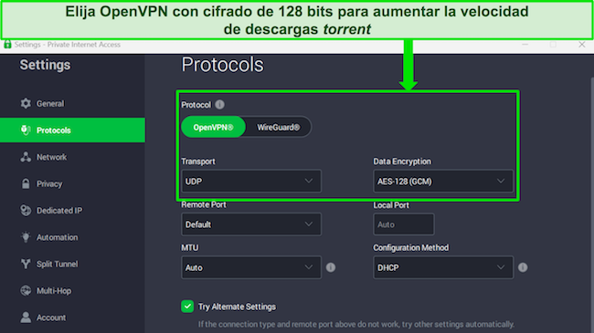 Captura de pantalla de la aplicación de Windows de PIA con cifrado AES de 128 bits seleccionado