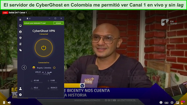 Una captura de pantalla de la transmisión en línea de Canal 1 Live mientras el probador está conectado a un servidor de CyberGhost Colombia (Bogotá)
