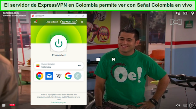 Una captura de pantalla de la transmisión en vivo de Senal Colombia TV mientras el probador está conectado a un servidor de ExpressVPN Colombia