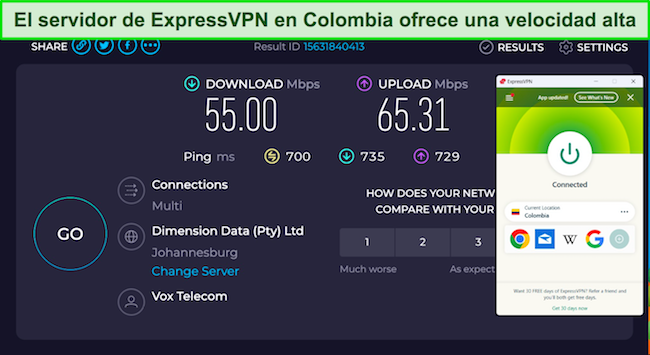 Una captura de pantalla que muestra los resultados de la prueba de velocidad mientras el probador está conectado a un servidor de ExpressVPN Colombia