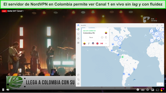 Una captura de pantalla que muestra la transmisión en línea de Canal 1 Live mientras el probador está conectado a un servidor NordVPN Colombia