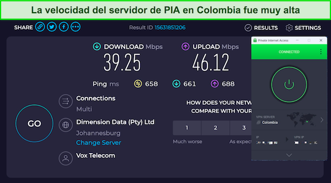 Una captura de pantalla de los resultados de las pruebas de velocidad en el servidor de PIA en Colombia