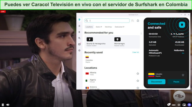 Una captura de pantalla que muestra la transmisión en vivo en línea de Caracol Televisión mientras el probador está conectado a un servidor de Surfshark Colombia.