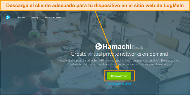 Captura de pantalla de la página de descarga del software LogMeIn Hamachi