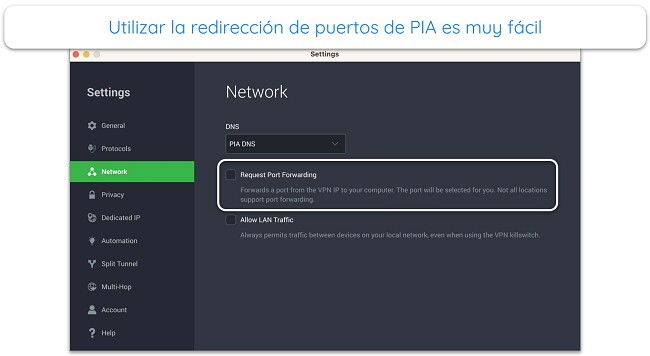 Captura de pantalla de la función de reenvío de puertos de PIA en su aplicación