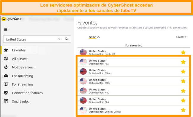 Captura de pantalla de los servidores especializados de CyberGhost para la transmisión de canales de fuboTV