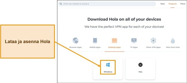 Kuvakaappaus Hola VPN -verkkosivuston sovellusten latausosiosta
