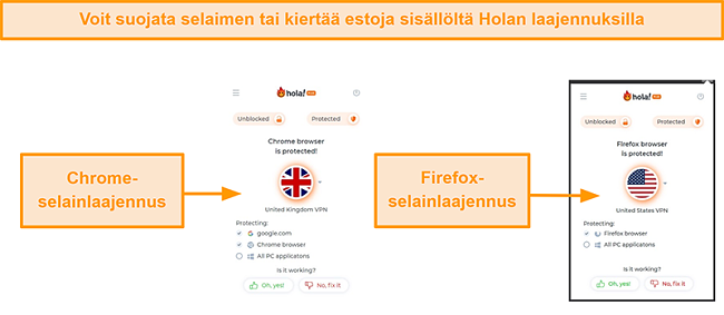 Näyttökuva Hola VPN: n Chrome- ja Firefox-selainlaajennuksista