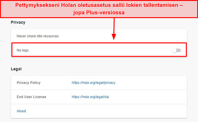 Näyttökuva Hola VPN: n ei lokia -asetuksesta
