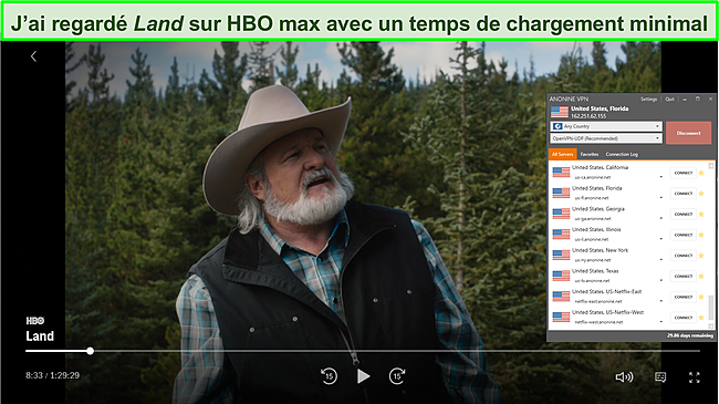 Capture d'écran d'Anonine VPN débloquant HBO Max.