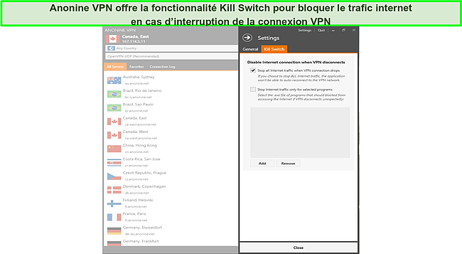 Capture d'écran de la fonction de kill switch d'Anonine VPN.