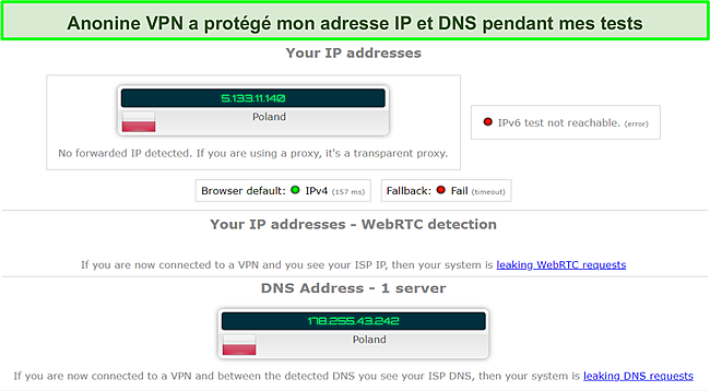 Capture d'écran des résultats du test de fuite lors de l'utilisation d'Anonine VPN.