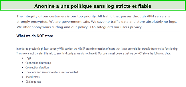 Capture d'écran de l'extrait de la politique de non-journalisation d'Anonine VPN.