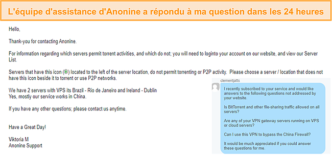 Capture d'écran de ma conversation par e-mail avec le support d'Anonine.