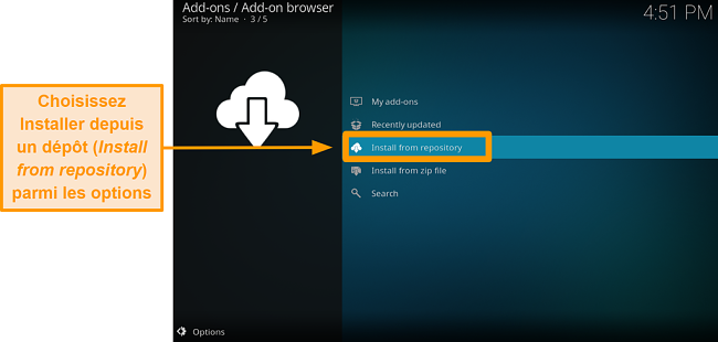capture d'écran de la procédure d'installation de l'addon kodi officiel, étape quatre, cliquez sur installer à partir du référentiel