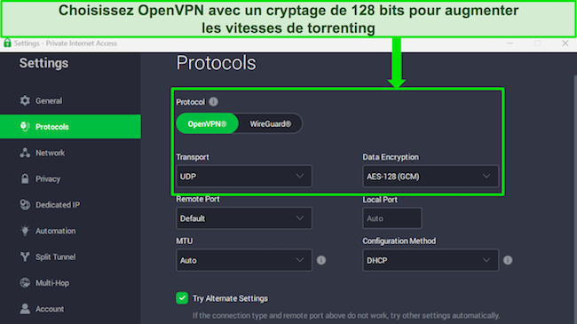 Capture d'écran de l'application Windows de PIA avec le cryptage AES 128 bits sélectionné