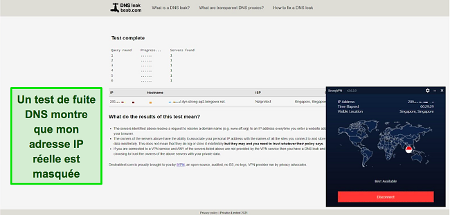 Capture d'écran du test de fuite DNS montrant que l'adresse IP visible et l'adresse IP VPN sont identiques