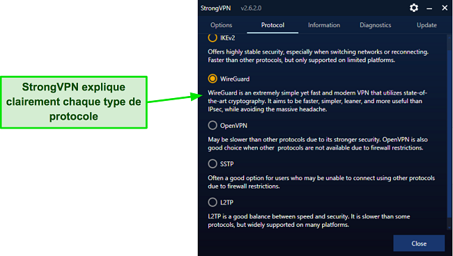 Une capture d'écran des protocoles de serveur de StrongVPN