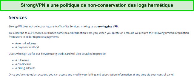 Une capture d'écran de la politique de non-journalisation de StrongVPN