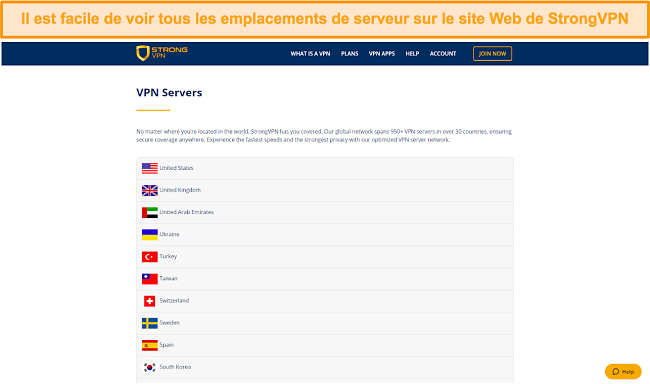 Une capture d'écran de la liste des serveurs de StrongVPN