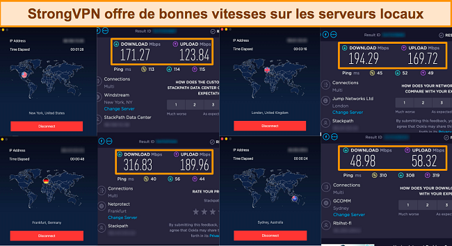 Capture d'écran de plusieurs tests de vitesse en étant connecté à StrongVPN