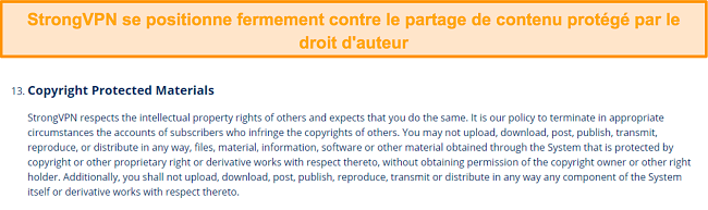 Une capture d'écran des conditions d'utilisation de StrongVPN concernant le partage de contenu protégé par des droits d'auteur