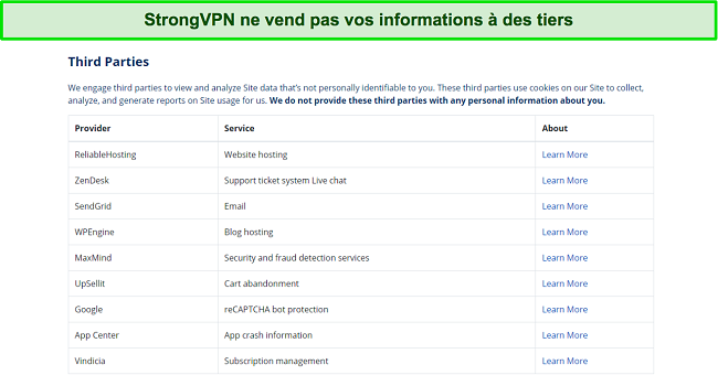 Une capture d'écran des tiers avec lesquels StrongVPN travaille