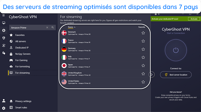 Image de l'application Windows de CyberGhost, montrant les emplacements optimisés du serveur Amazon Prime Video.