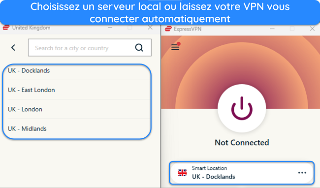 Image de l'application Windows d'ExpressVPN montrant la sélection du serveur britannique et mettant en évidence l'option de connexion Smart Location.