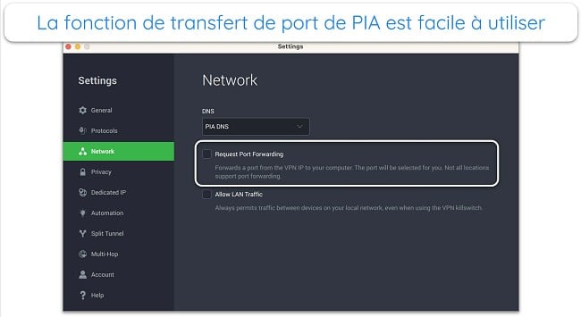 Capture d'écran de la fonctionnalité de redirection de port de PIA sur son application