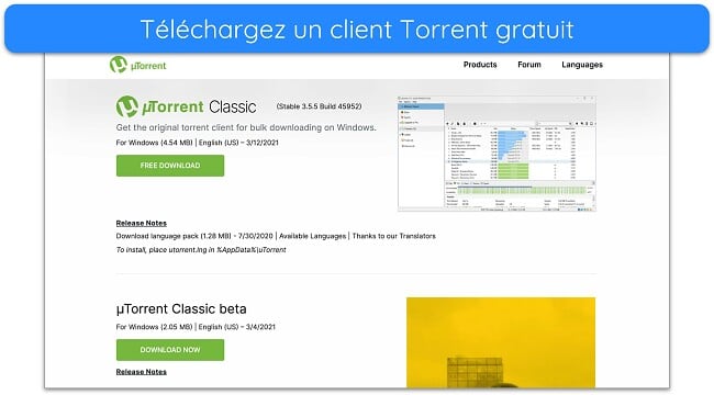 Capture d'écran de la page de téléchargement d'uTorrent