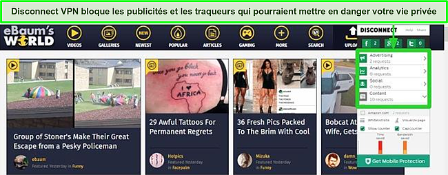 Capture d'écran de l'extension de navigateur Disconnect Basic bloquant les publicités et les trackers sur Ebaumsworld.com dans Firefox.