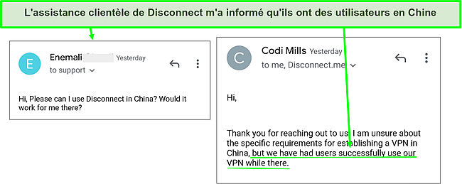 Capture d'écran du support de Disconnect m'informant que son VPN fonctionne en Chine.