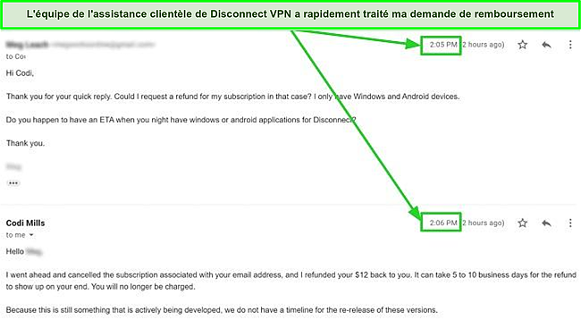 Capture d'écran d'une conversation par e-mail sur les remboursements avec le service client de Disconnect Premium.