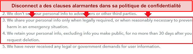 Capture d'écran de la politique de confidentialité de Disconnect premium soulignant qu'il partage les informations des clients avec les forces de l'ordre.