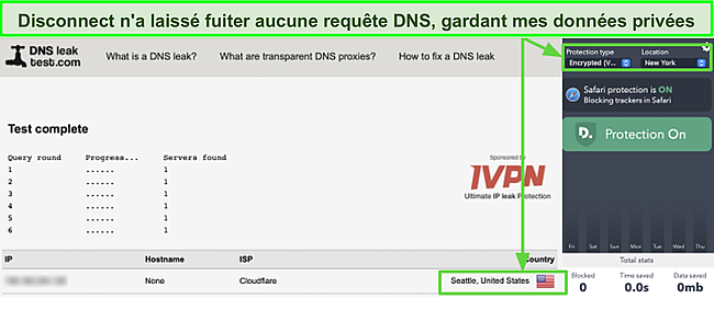 Capture d'écran de Disconnect Premium réussissant un test de fuite DNS alors qu'il est connecté à un serveur aux États-Unis.