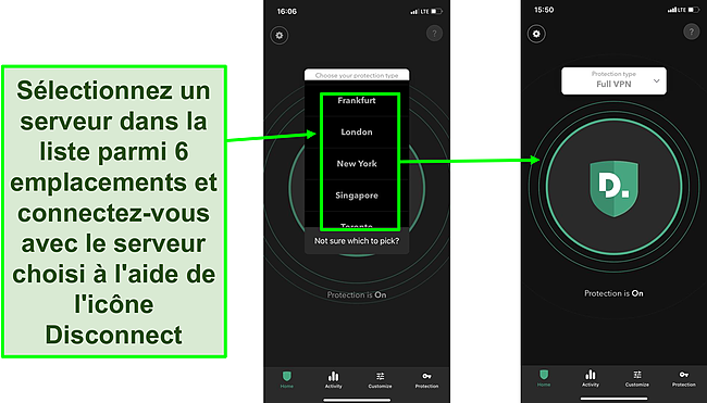 Capture d'écran du processus de sélection du serveur sur l'application Disconnect.