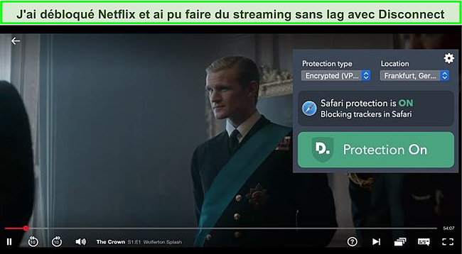 Capture d'écran de Disconnect Premium débloquant The Crown sur Netflix US.