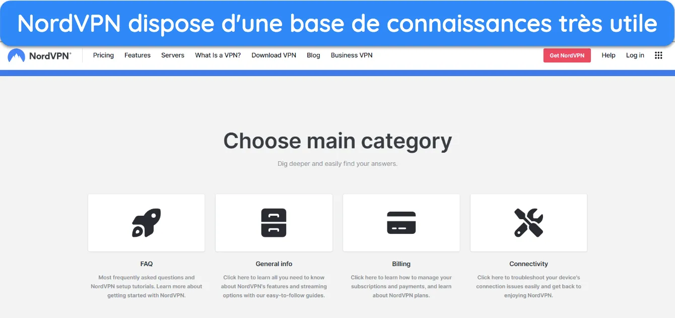 Capture d'écran montrant la page d'accueil de la base de connaissances de NordVPN.