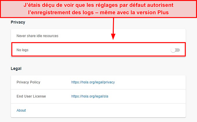 Capture d'écran du paramètre sans journaux de Hola VPN